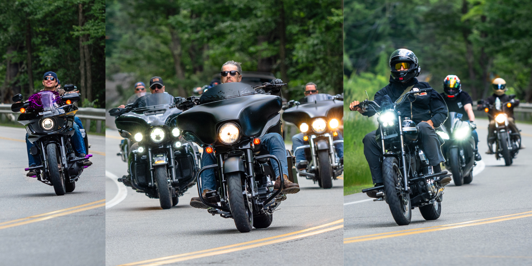 A group of motorcyclists riding along a winding road in a forested area. The first image features a rider on a purple motorcycle, the second image shows a rider with a black motorcycle, while the third image showcases multiple motorcyclists, some wearing helmets, riding in a line.